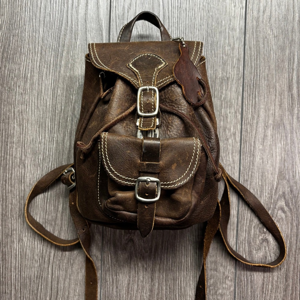 Roots Canada Vintage Brown Leather Mini Backpack Buckle Drawstring Bag Small